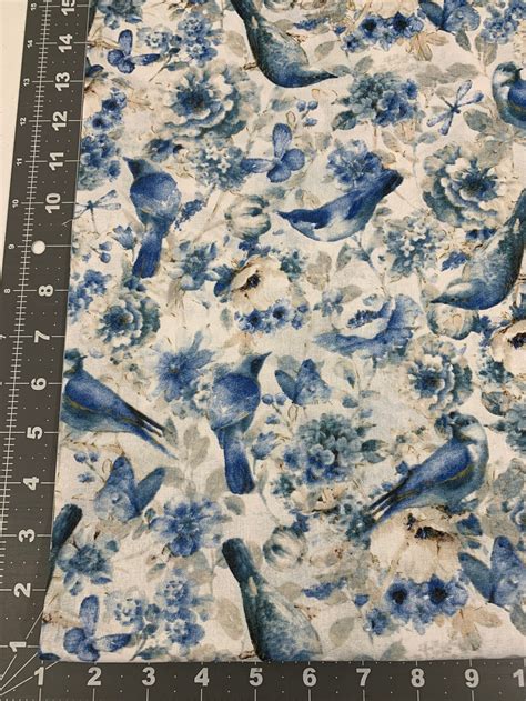 Majestic Bird Cotton Fabric By The Yard Blue Bird Fabric Birds Etsy