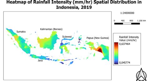 Heatmap of rainfall (mm/hr) spatial distribution in Indonesia, 2019 ...