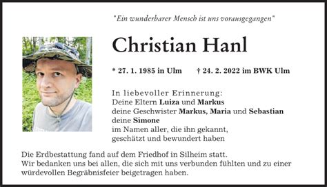 Traueranzeigen von Christian Hanl Allgäuer Zeitung