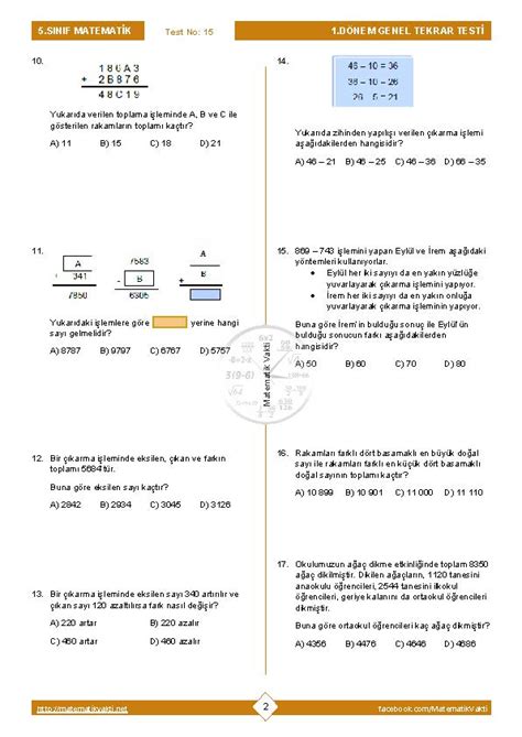 5 Sınıf Matematik 1 Dönem Genel Tekrar Testi Matematik Vakti