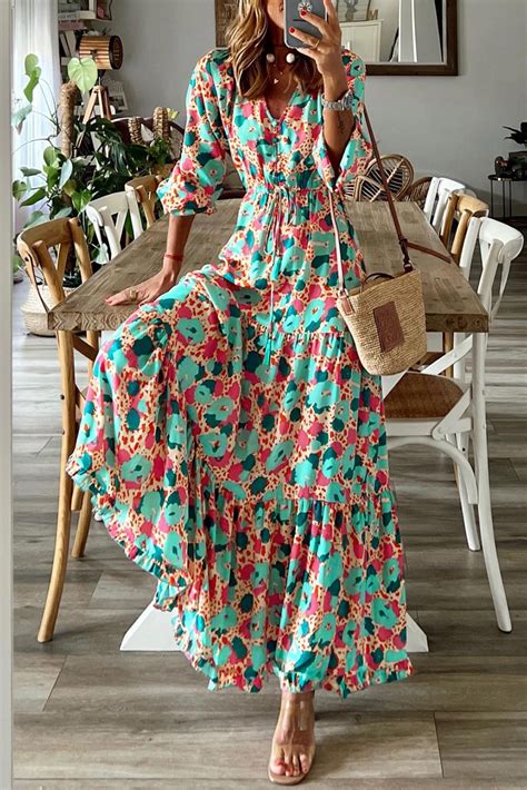 Multicolor Bohemia Print V Neck Ruffle Long Sleeve Maxi Dress Long