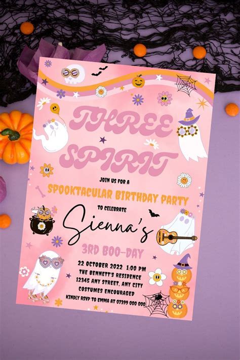 Editable Three Spirit Halloween Ghost 3rd Birthday Invitation Retro Groovy Rainbow Ghost