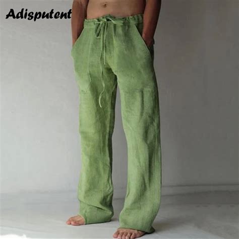 Summer Casual Pants Mens Daily Wear Full Length Soft Linen Pants Mid