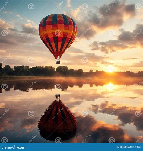 Sunset Serenity Hot Air Balloon Floating Over A Tranquil Lake Stock