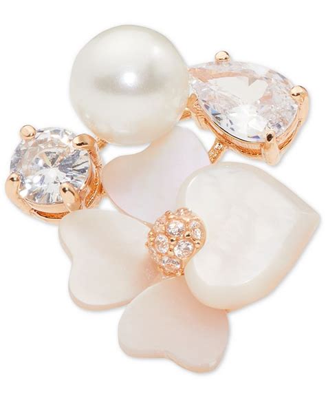 Kate Spade New York Gold Tone Cubic Zirconia Imitation Pearl And Mother Of Pearl Flower Cluster