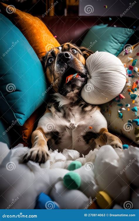 Dog That Destroys The Sofa Cushions With A Surprised Face Illustration