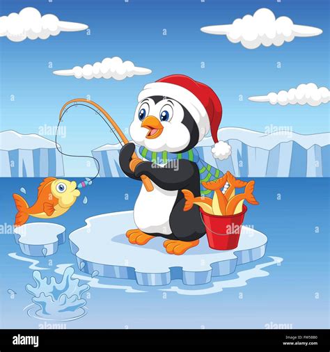 Cartoon Penguin Fishing On The Ice Stock Vector Image Art Alamy