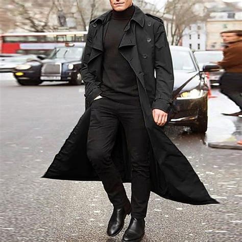 Haxmnou Mens Classic Lapel Long Trench Coat Jacket Windbreaker Outwear Casual Overcoat Black M