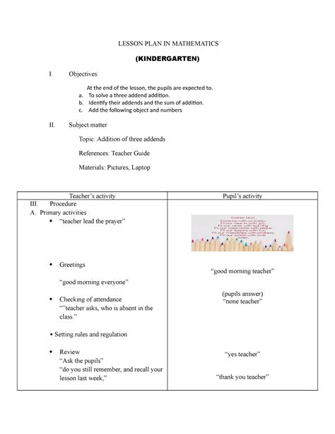 Lesson Plan In Mathematics Addition Of Three Addends Lesson Plan In Mathematics