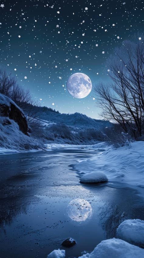 Full Moon Over Winter Landscape Snowy River Night Scene Tranquil