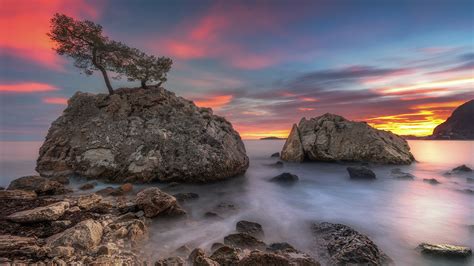 Fonds D Ecran X C Te Mer Pierres Levers Et Couchers De Soleil