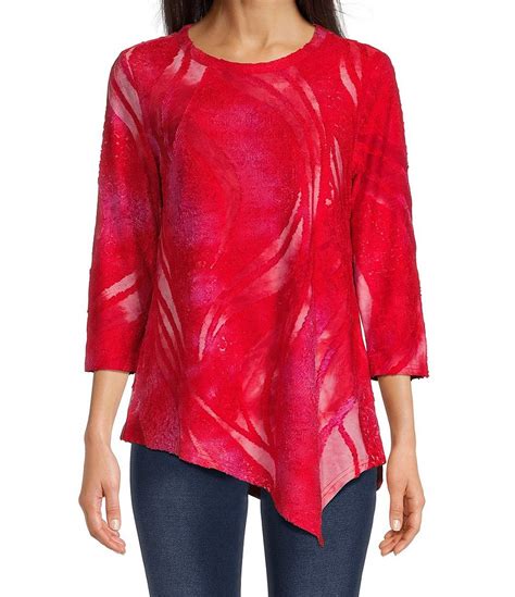 Calessa Round Neck 3 4 Sleeve Asymmetric Hem Burnout Tie Dye Top