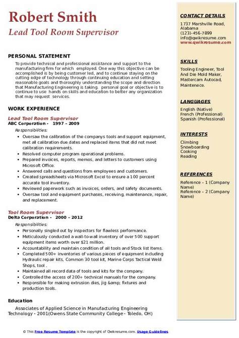 Tool Room Supervisor Resume Samples QwikResume