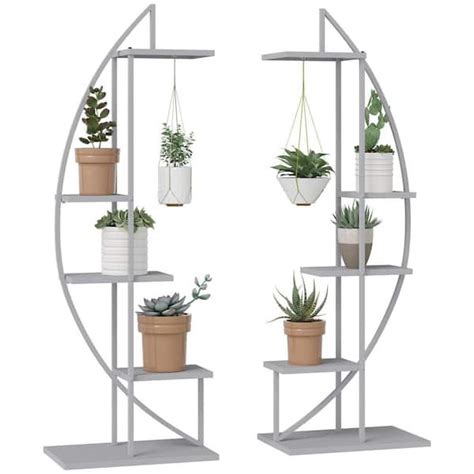 Autmoon 5 Tier Metal Plant Stand With Hangers Half Moon Shape Flower