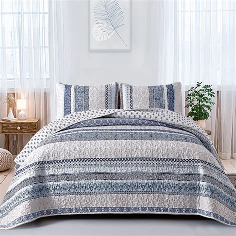 Amazon Wongs Bedding Boho Quilt Set Queen Size Light Blue