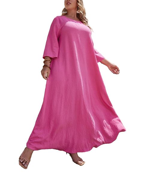 Modest Solid Round Neck Tunic Long Sleeve Hot Pink Plus Size Dresses