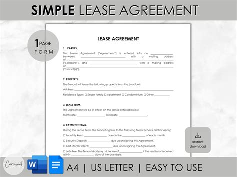 Simple One Page Lease Agreement Printable Rental Agreement Editable