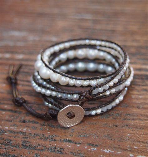 5 Times White Freshwater Pearl Mix Wrap Bracelet On Brown Cord Boho