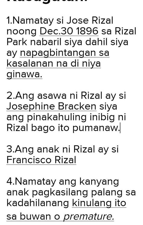 2kailan Namatay Si Jose Rizal3sino Ang Asawa Ni Rizal 4sino Ang