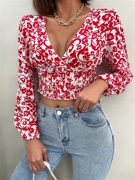 Scroll Print Plunging Neck Shirred Lantern Sleeve Crop Blouse Casual