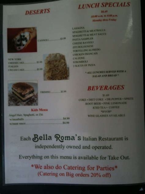 Menu at bella roma pizzeria, Clute