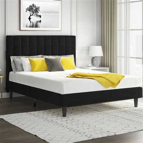 Sha Cerlin Queen Size Velvet Platform Bed Frame With Vertical Channel