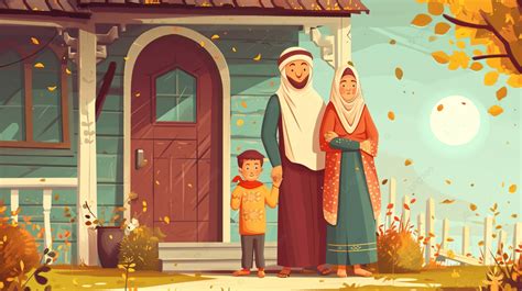 Muslims Father Daughter And Son Cartoons Celebrating Ramadan Eid