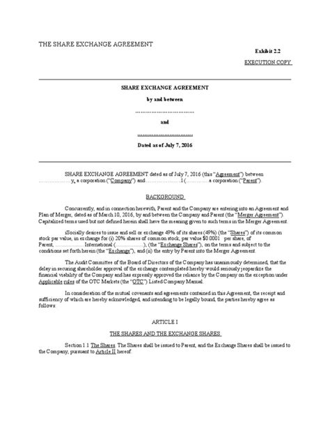 Share Exchange Agreement Pdf Securities Finance Securities Act