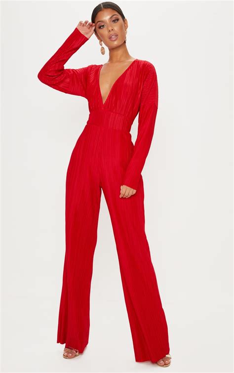 Red Long Sleeve Pleated Jumpsuit | PrettyLittleThing CA