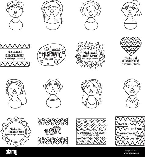 People Characters And National Hispanic Heritage Letterings Line Style