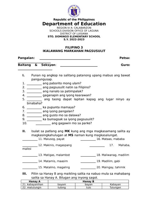 Second Periodical Test In Filipino 3 Republic Of The Philippines Department Of Education