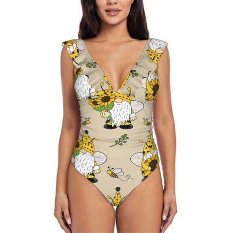 Easygdp Gnomes Bees And Sunflowers Ruffle V Neck One Piece Swimsuit For