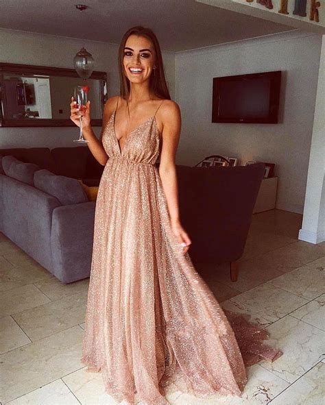 A Line Long Sequins Prom Dress Spaghetti Straps V Neck · Mychicdress