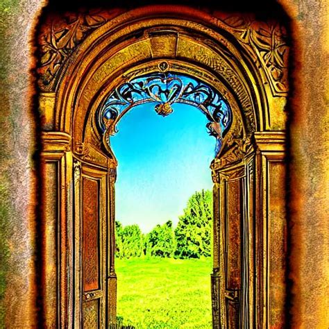 Meadow Ornate Doorway With A Portal To Another Stable Diffusion