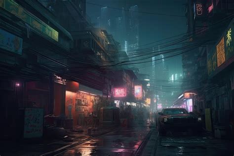 Una Calle Oscura De La Ciudad Con Un Letrero Que Dice Cyberpunk