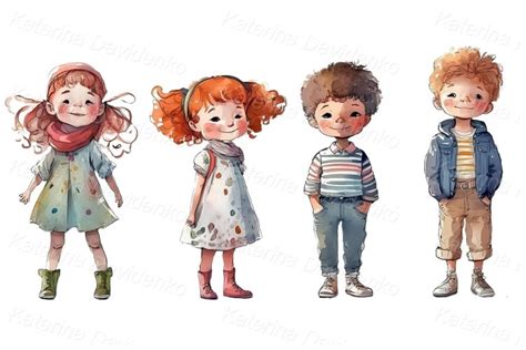 Watercolor Cartoon Cute Smiling Little Kids Clipart