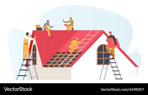 Roof Construction Workers Characters Conduct Vector Image