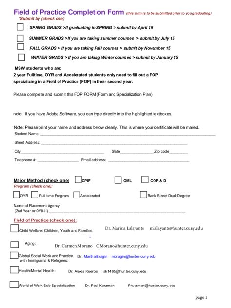 Fillable Online Sssw Hunter Cuny Field Of Practice Completion Form