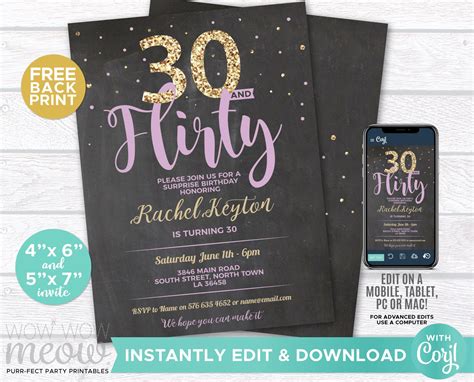 30 And Flirty Birthday Invitations Pink Womens Thirty Invite Chalk