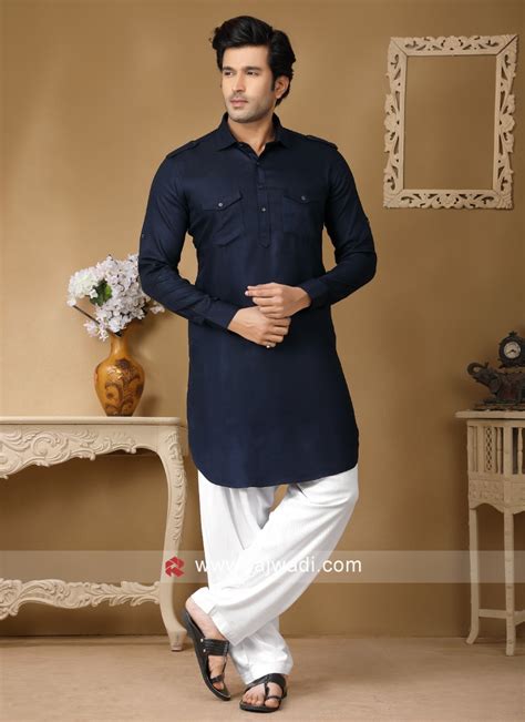 Navy Blue And White Mens Pathani Suit