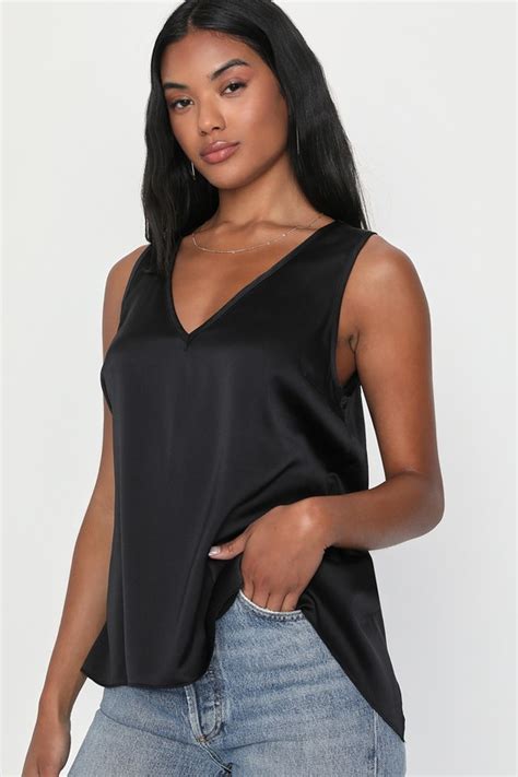 Black Satin Tank Top V Neck Tank Top Tie Back Tank Top Lulus