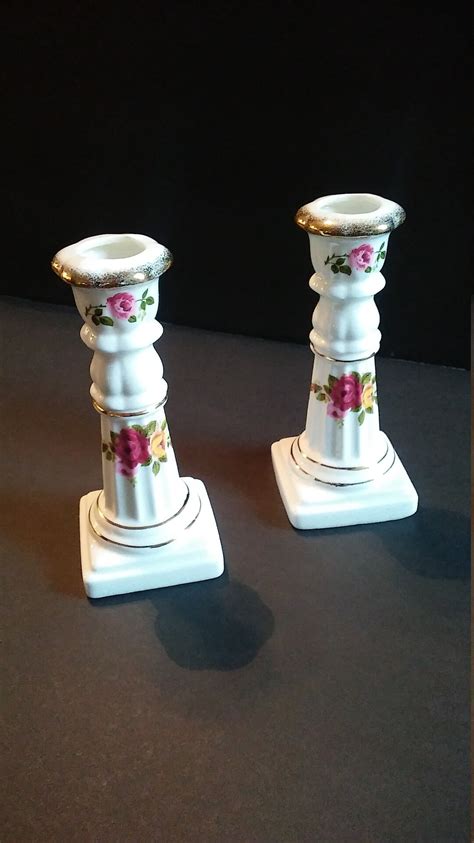 Brinn S Fine Bone China Cottage Rose With Gold Trim Candle Holders Etsy