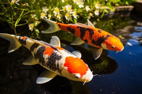 Premium AI Image Two Koi Fish Swimming In A Pond With Flowers