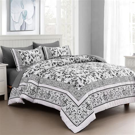 Metahots King Size Comforter Set 7 Pcs White Flowers Botanical Printed On Grey