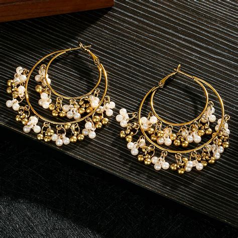 Classic Retro Gold Color Round Alloy Pearl Beads Tassel Earrings For