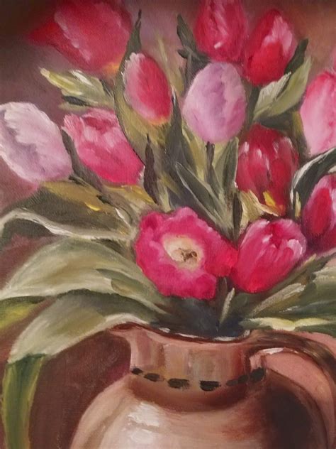 Pink Tulip Floral Oil Painting On Canvas 16x20 Original Still Life