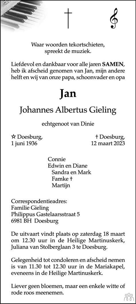 Johannes Albertus Jan Gieling 12 03 2023 Overlijdensbericht En