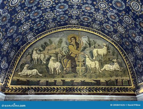 Mosaic Of Christ The Good Shepherd Amidst His Sheep In The Mausoleum Of