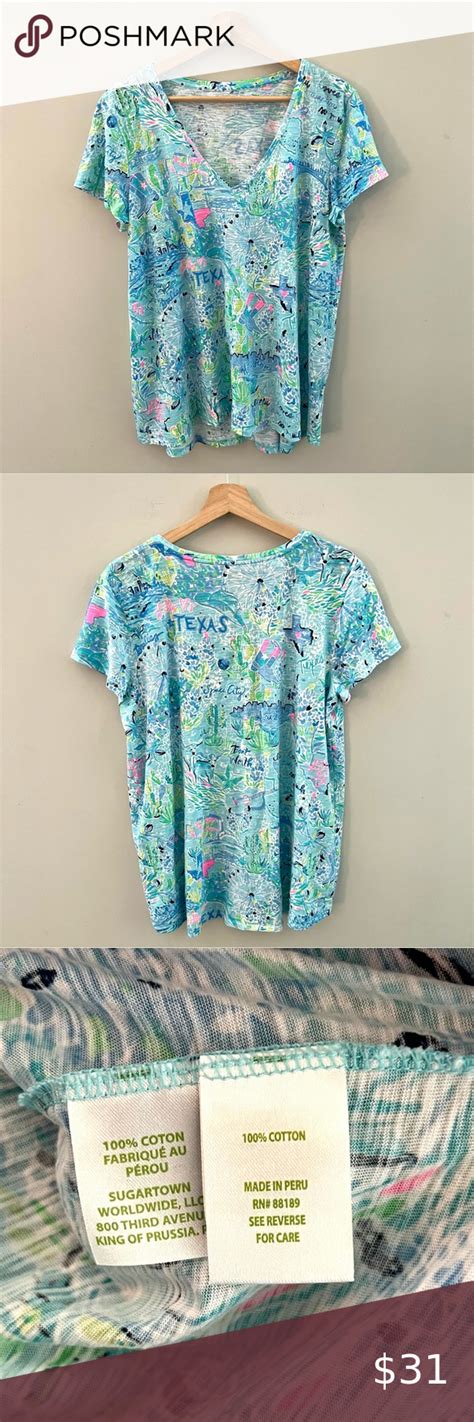 Lilly Pulitzer Texas Shirt Womens Blue Green Pink Cities Wildlife