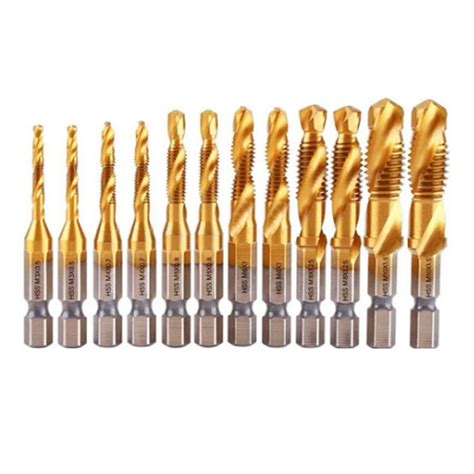 HOT 12pcs Titanium Coated HSS Tap Drill Bits Set Hex Shank Screw Thread
